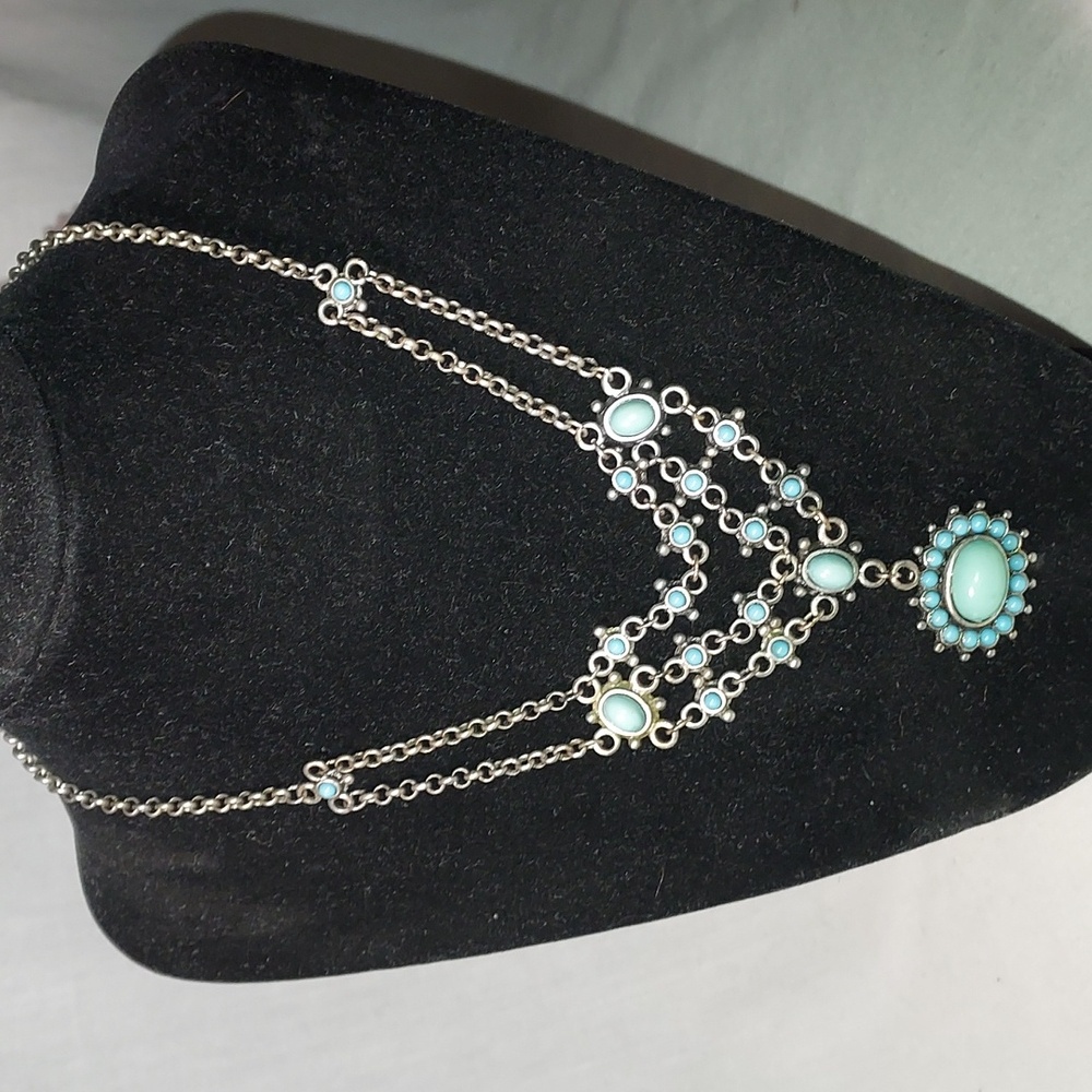 Vintage Avon Nina Ricci Faux Turquoise Multi Strand Design Necklace Silver Bib